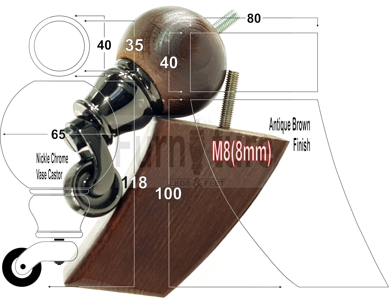 4x Solid Wood Furniture Chair Settee Leg M8 Sofa Feet 2x With Castors 118mm High