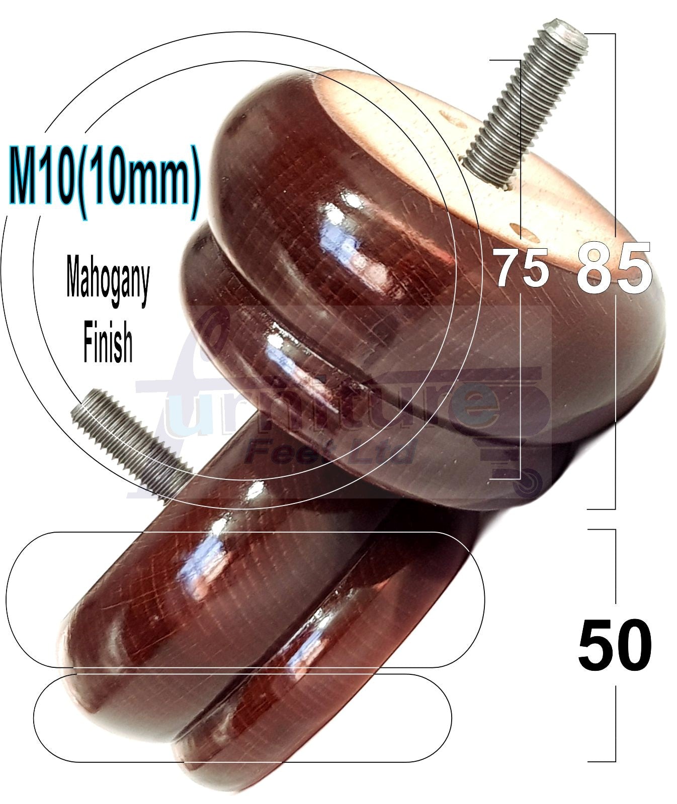 4 Wood Bun Feet Replacement Furniture Legs 50mm High M10 Thread Chairs Beds