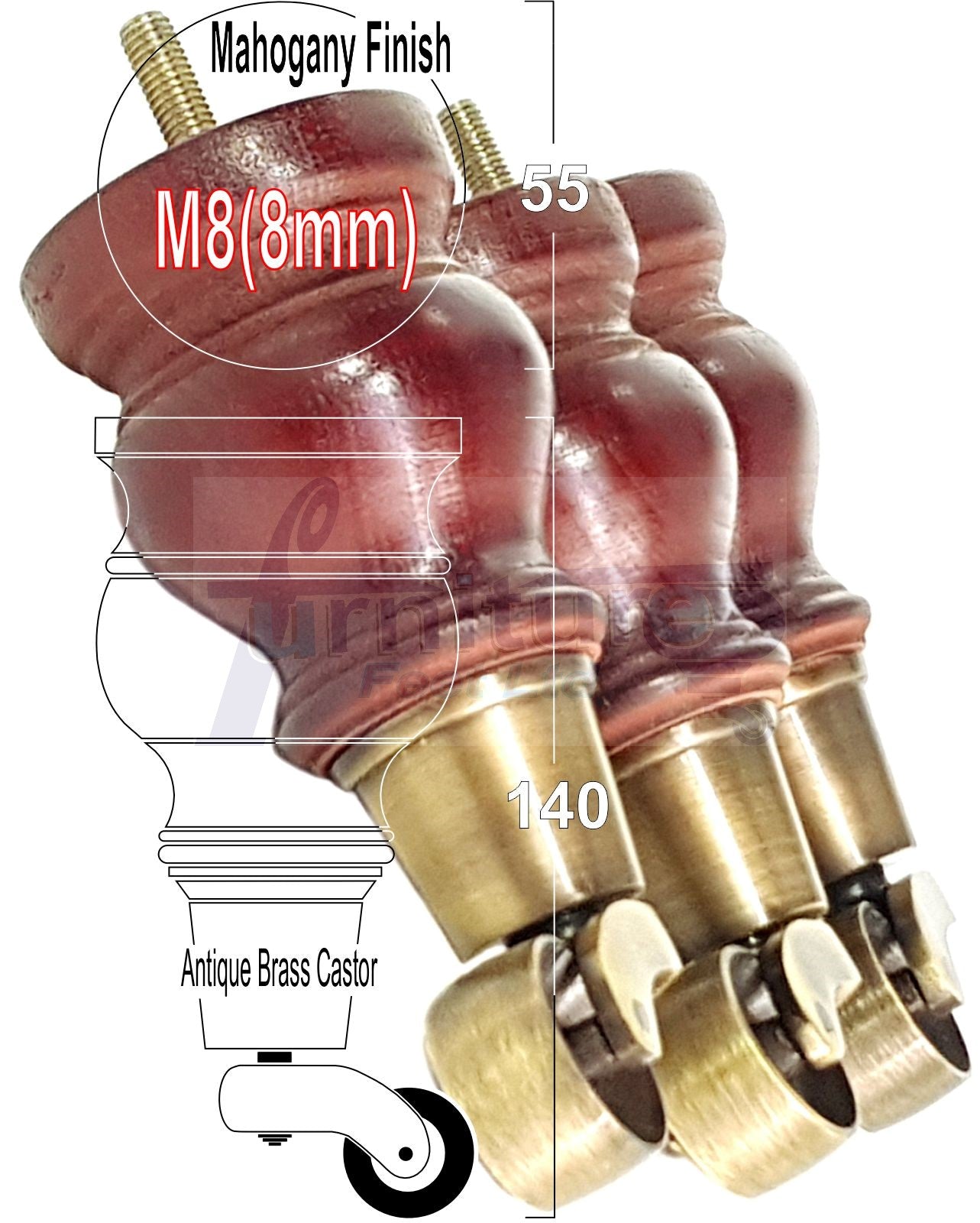 Set Of 4 Turned Wood Furniture Legs With140mm High Castor 8mm Thread For Chairs Settees & Cabinets