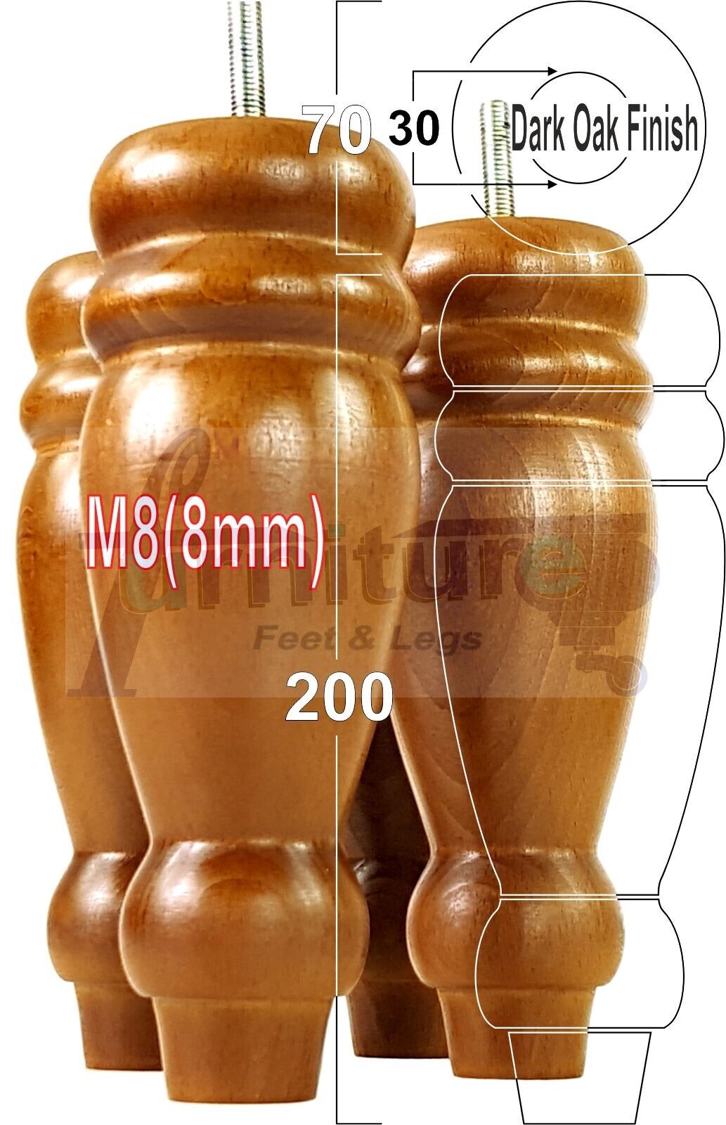 Set Of 4 Turned Furniture Legs Replacement Sofa Feet 200mm High M8 Thread