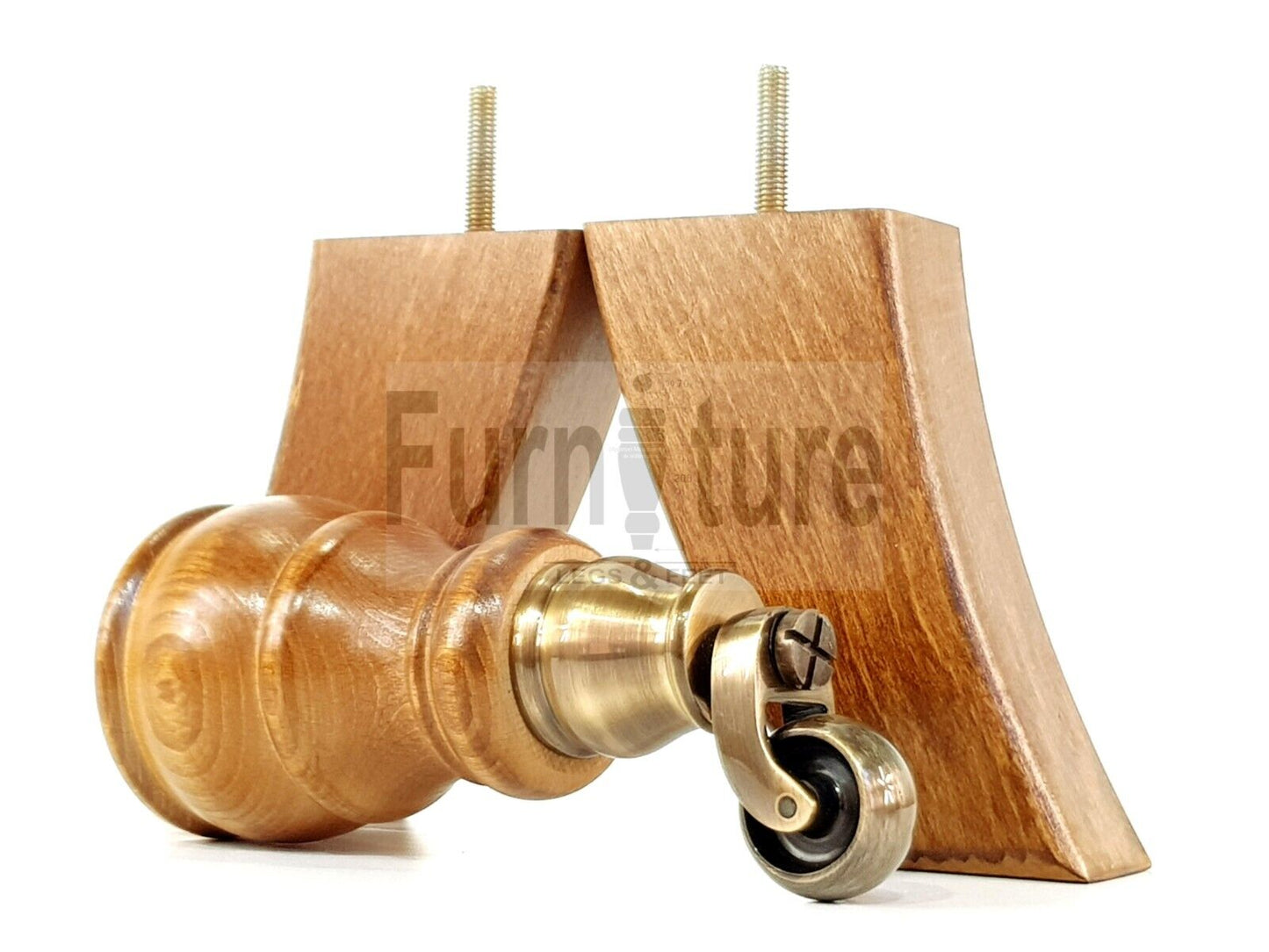 2 Wooden Castor Furniture Sofa Legs & 2 Curved Back Feet  Dark Oak Stain M8 Chair Settee Feet 160mm High