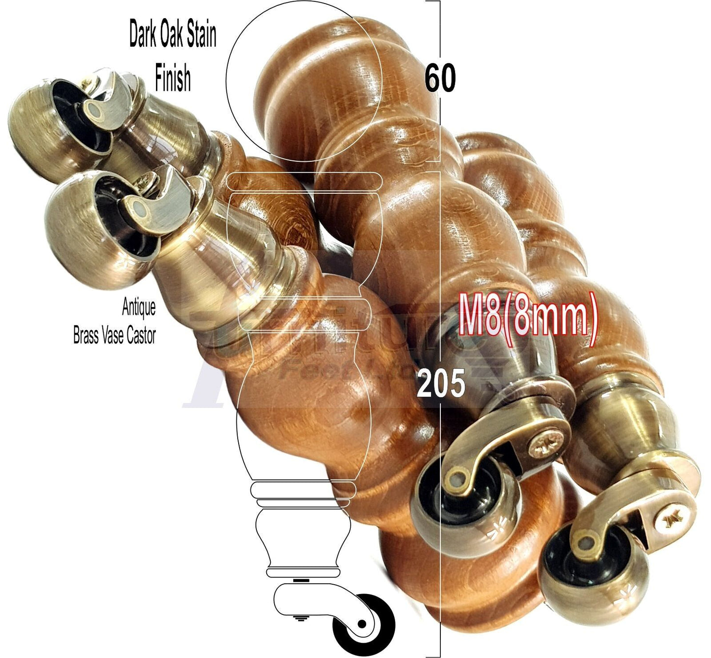 4x Furniture Feet With Castor 205mm High Legs Dark Oak Wood M8 Sofas Chairs Stools Cabinets 8 Inches Tall