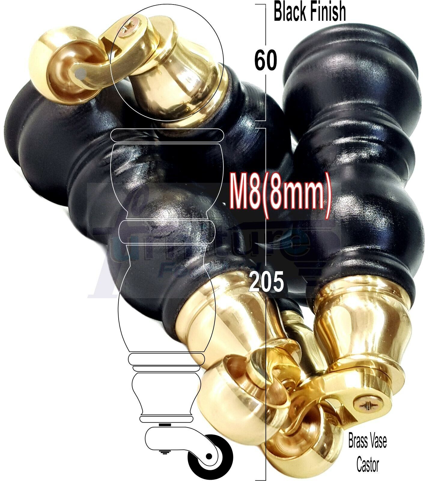 4x Furniture Feet With Castor 205mm High Legs Black Wood M8 Sofas Chairs Stools Cabinets 8 Inches Tall