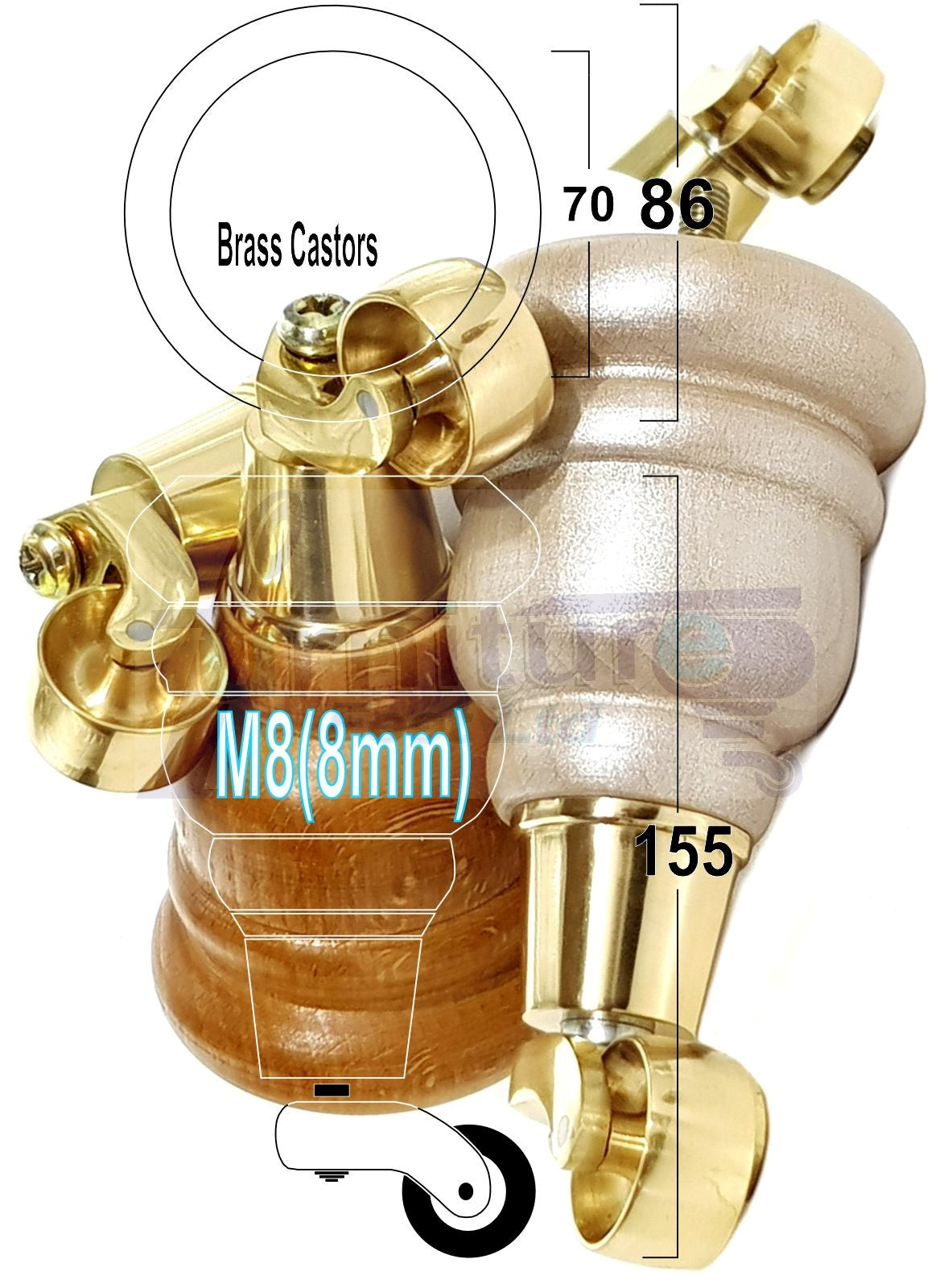 4 Turned Wood Furniture Feet With Brass Castors 155mm Legs Sofas Chairs Stools Cabinets Beds M8 6 Inches