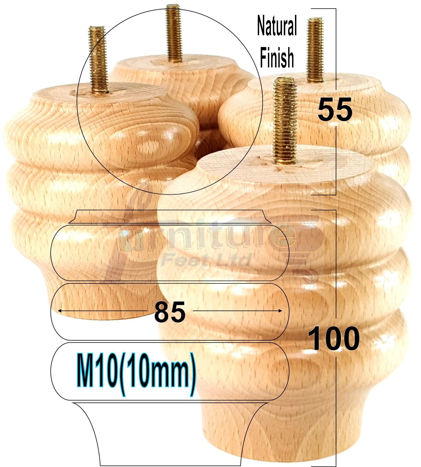 4 Solid Wood Turned Furniture Legs Replacement Bun Feet 100mm High 10mm Thread