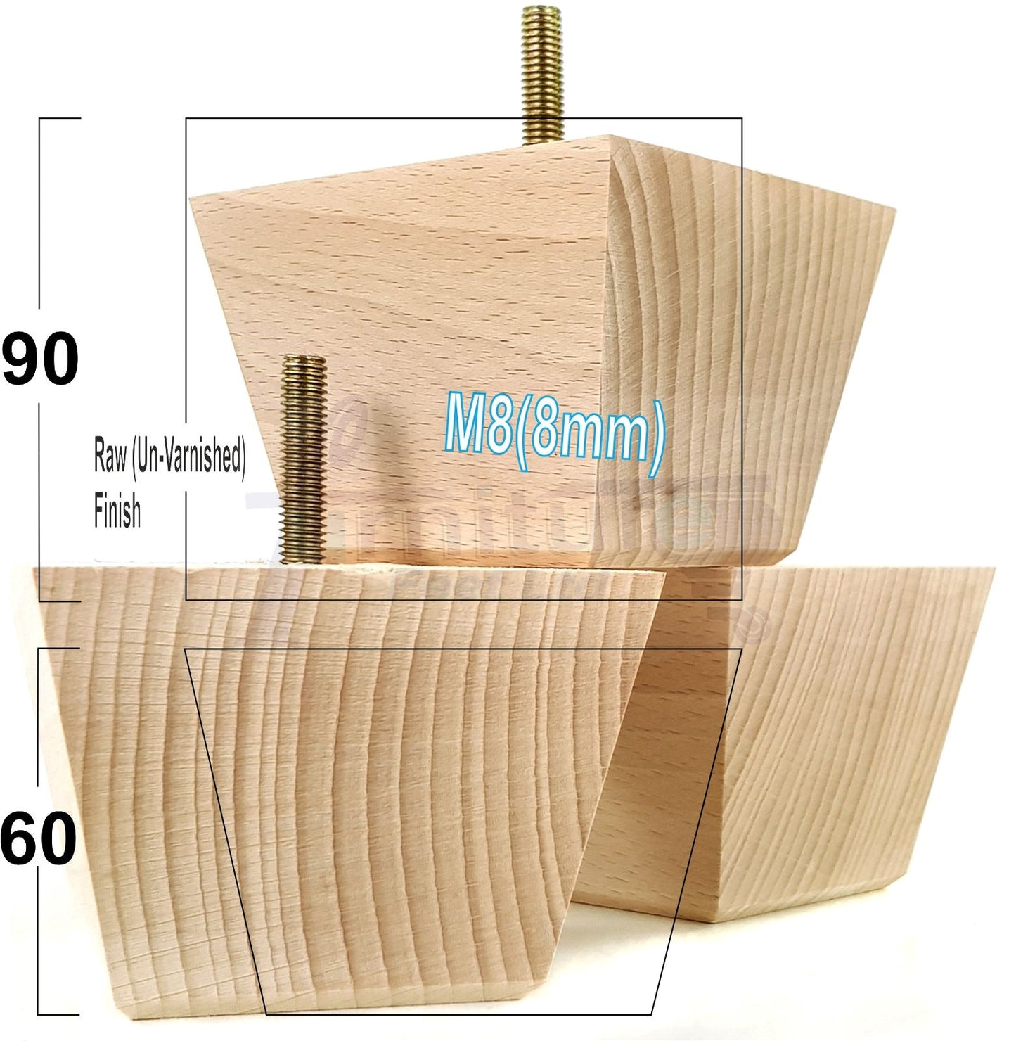4x Square Wood Sofa Legs 60mm High Replacement Furniture Feet Chairs Cabinets M8 