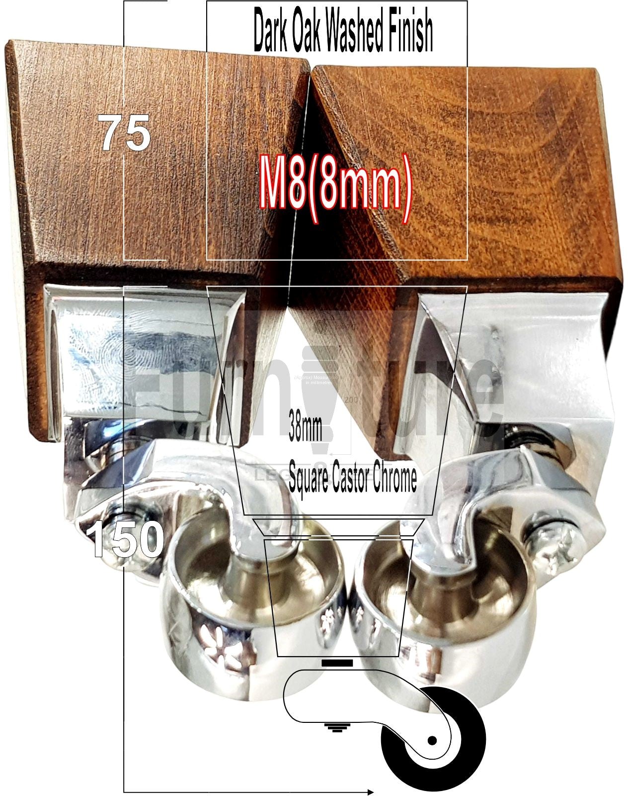 4x Block Wood Furniture Legs With Castor 8mm Thread For Chairs Settees Sofa 150mm High