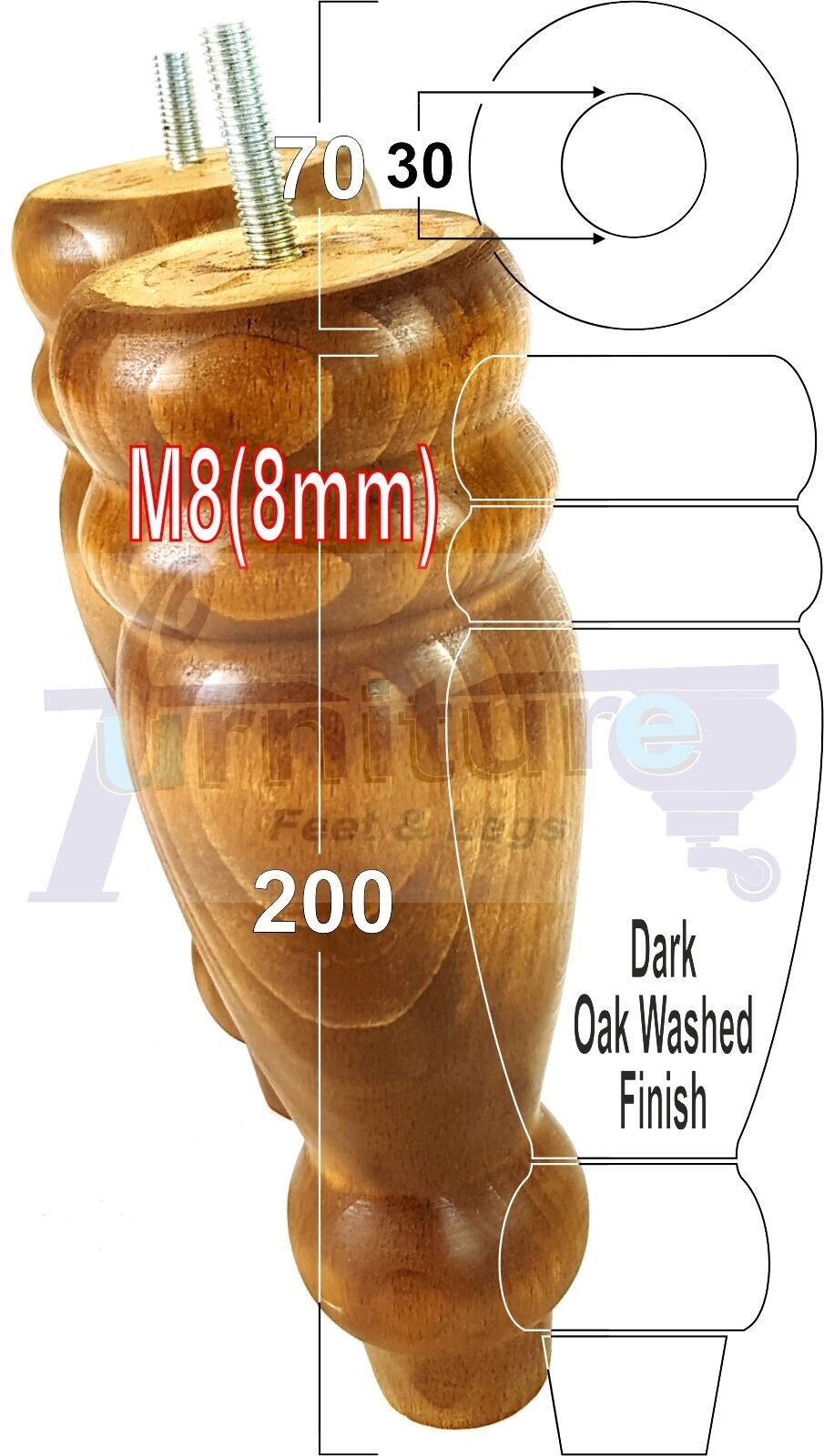 Set Of 4 Turned Furniture Legs Replacement Sofa Feet 200mm High M8 Thread
