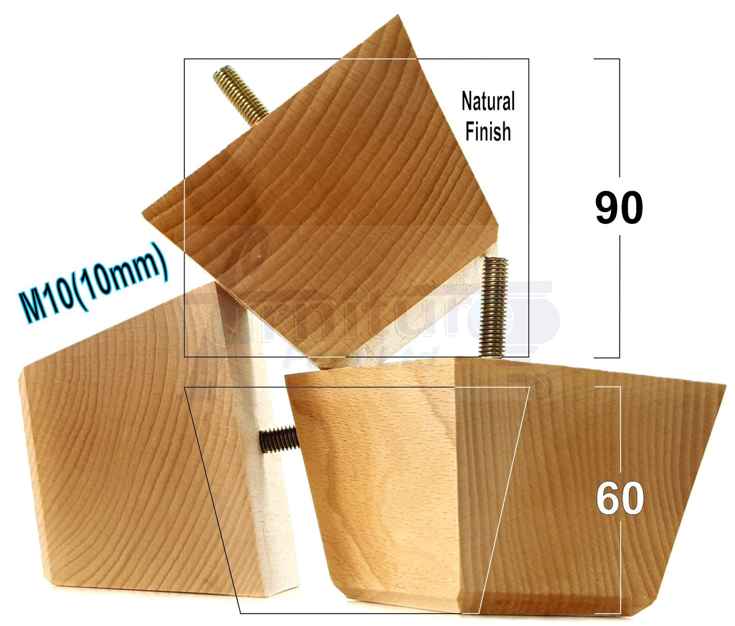 4x Square Wood Sofa Legs 60mm High Replacement Furniture Feet Chairs Cabinets M10 Thread