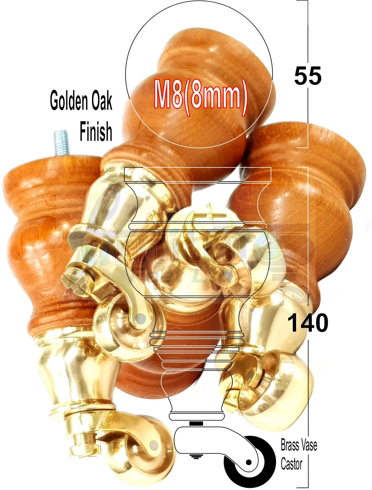 Set Of 4 Turned Wood Furniture Legs With 150mm High Castor 8mm Thread For Chairs Settees & Cabinets Golden Oak Finish