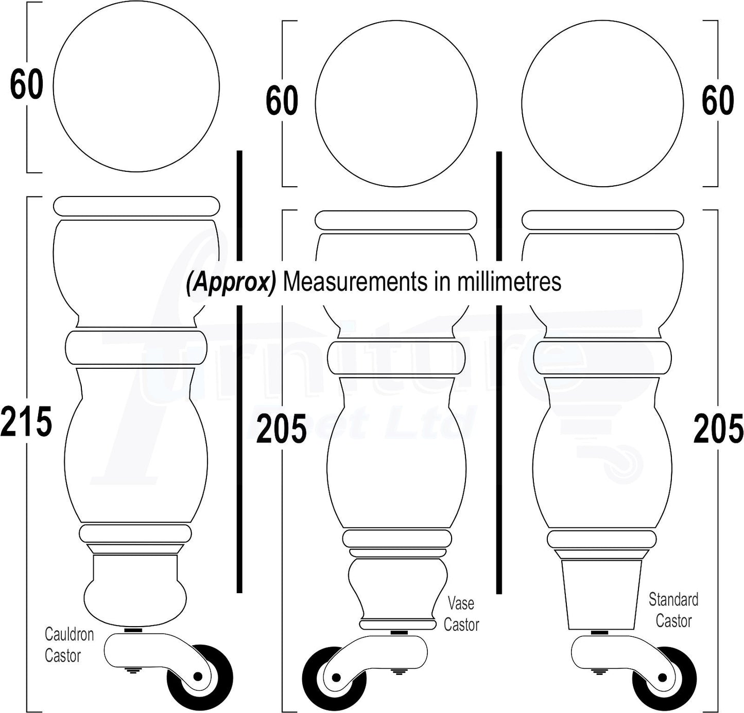 Solid Wood Furniture Feet With Castors Set of 4 Legs 205mm High For Sofas Chairs Stools Cabinets & Beds M8