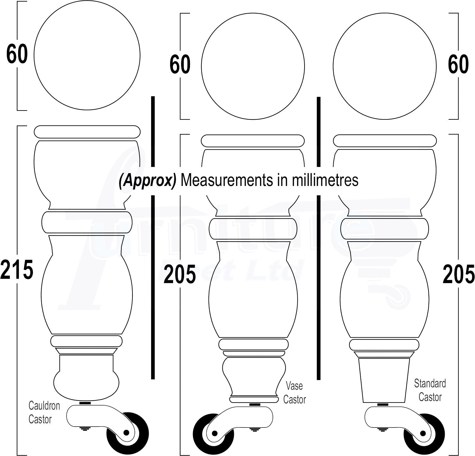Solid Wood Furniture Feet With Castors Set of 4 Legs 205mm High For Sofas Chairs Stools Cabinets & Beds M8