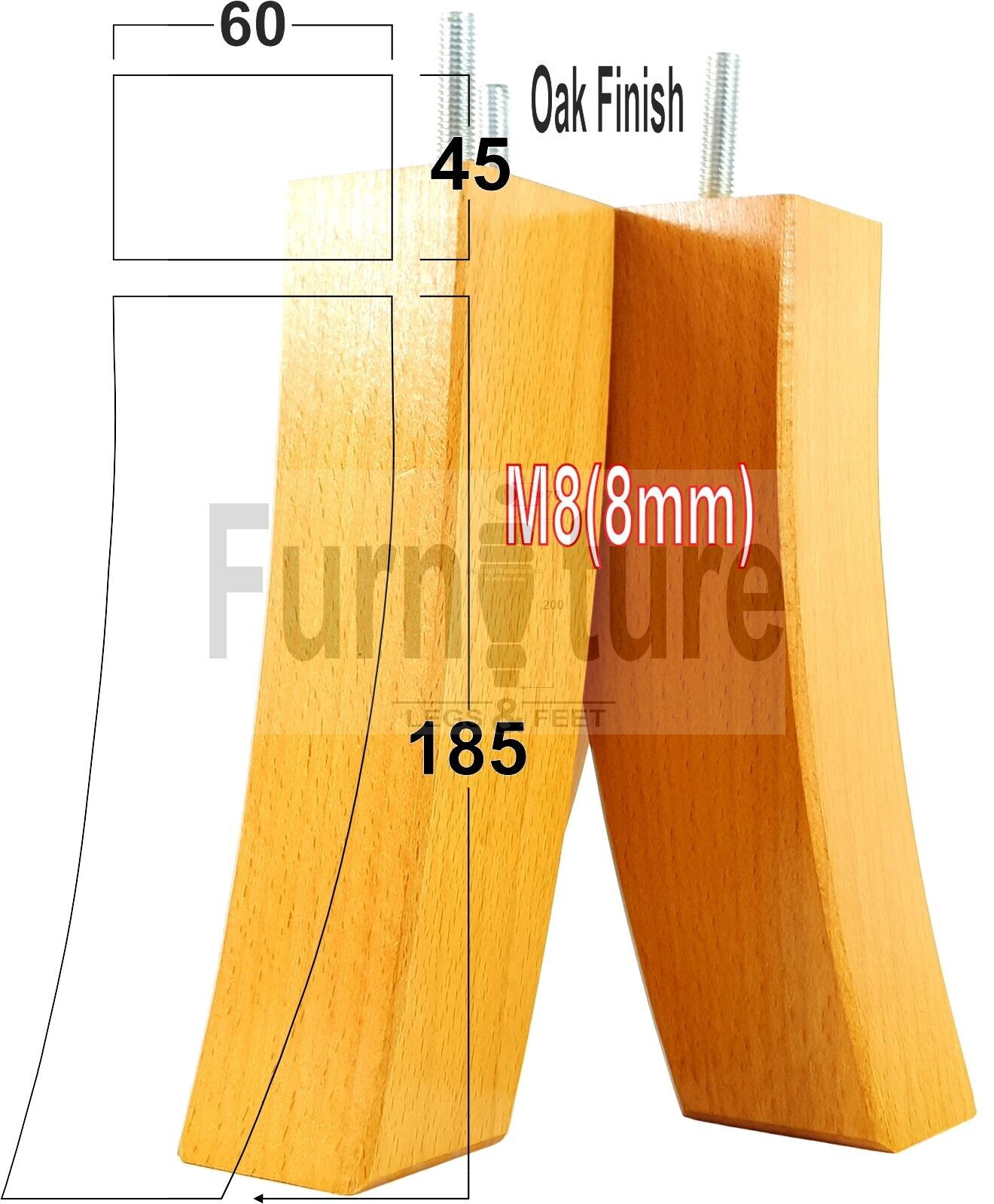 Set Of 4 Solid Wood Curved Furniture Feet Replacement Legs 185mm High M8(8mm)