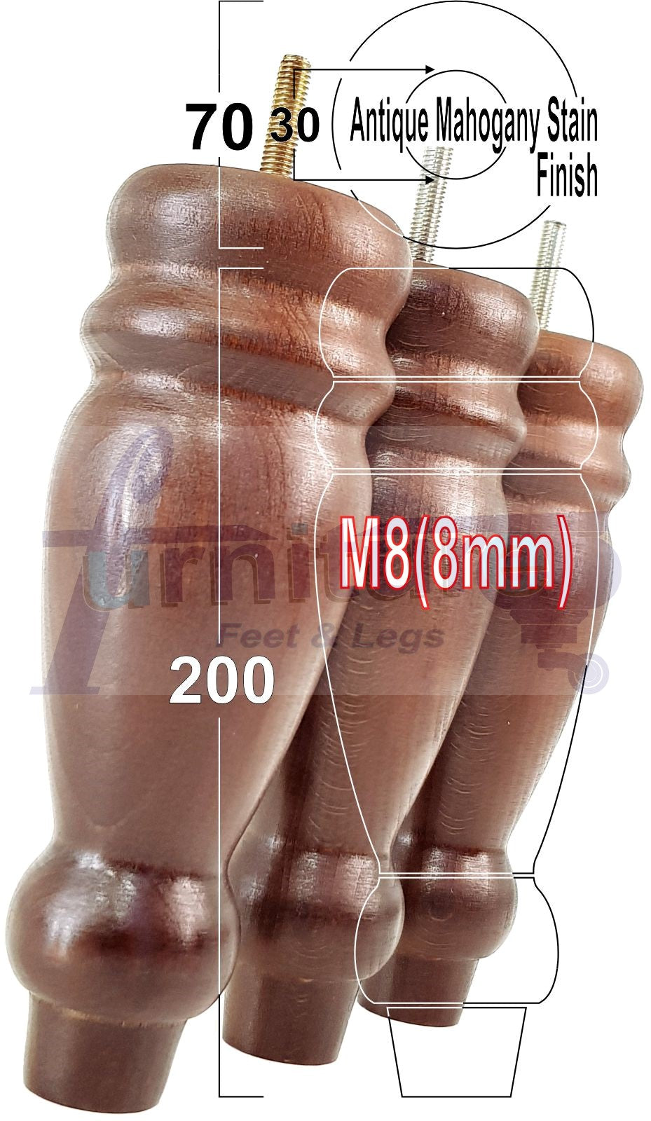 Set Of 4 Turned Furniture Legs Replacement Sofa Feet 200mm High M8 Thread