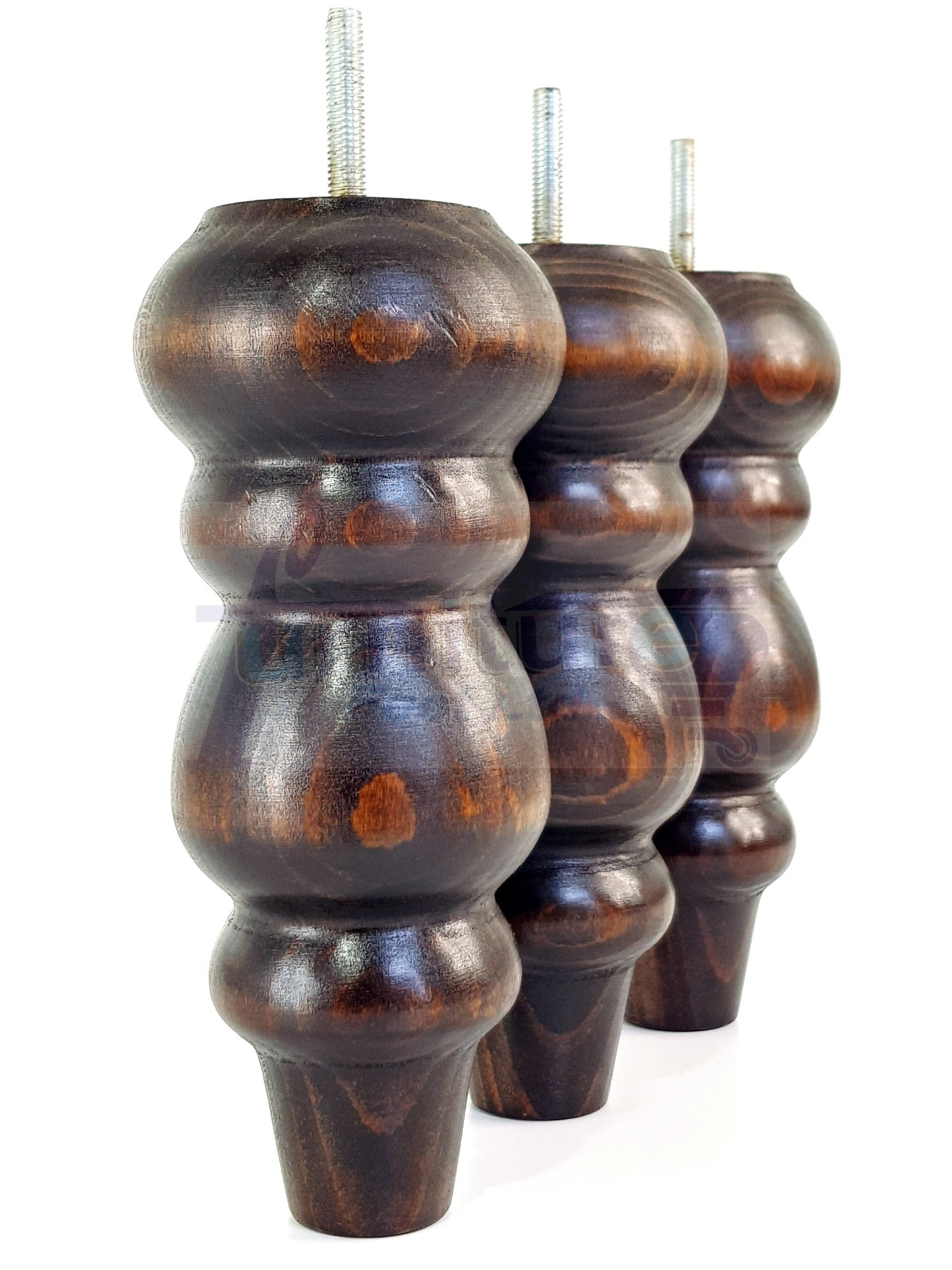 4 Solid Wood Furniture Legs Replacement Turned Feet 200mm High M8(8mm) Thread: Dark Walnut Washed
