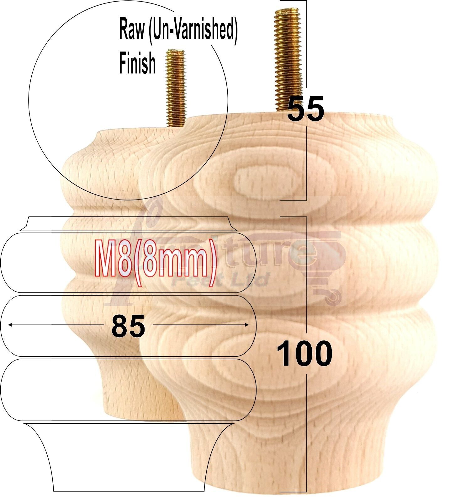 Set Of 4 Solid Wood Turned Furniture Legs Replacement Bun Feet 100mm High 8mm Thread