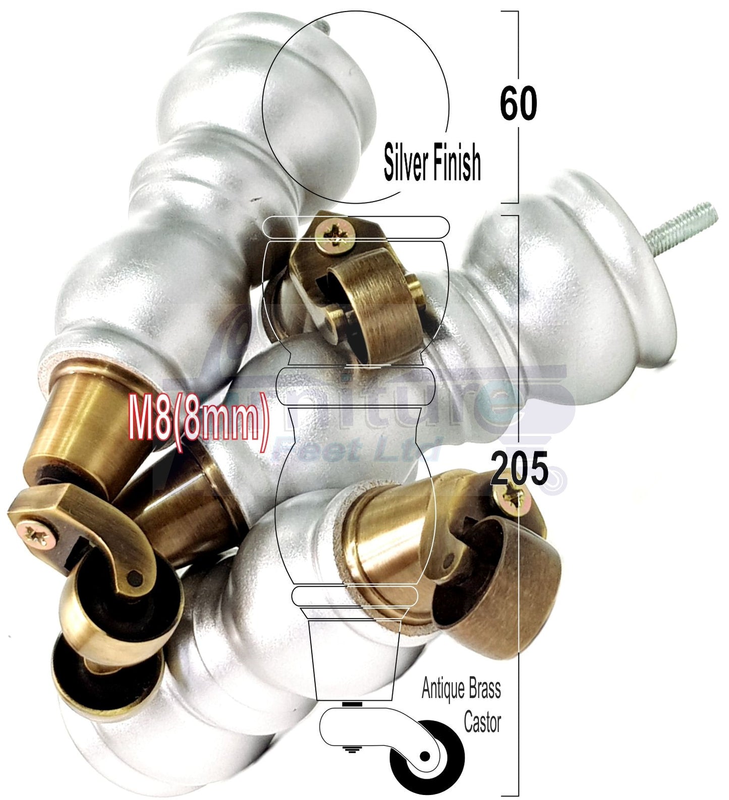 4x Furniture Feet With Castor 205mm High Legs Silver Wood M8 Sofas Chairs Stools Cabinets 8 Inches Tall