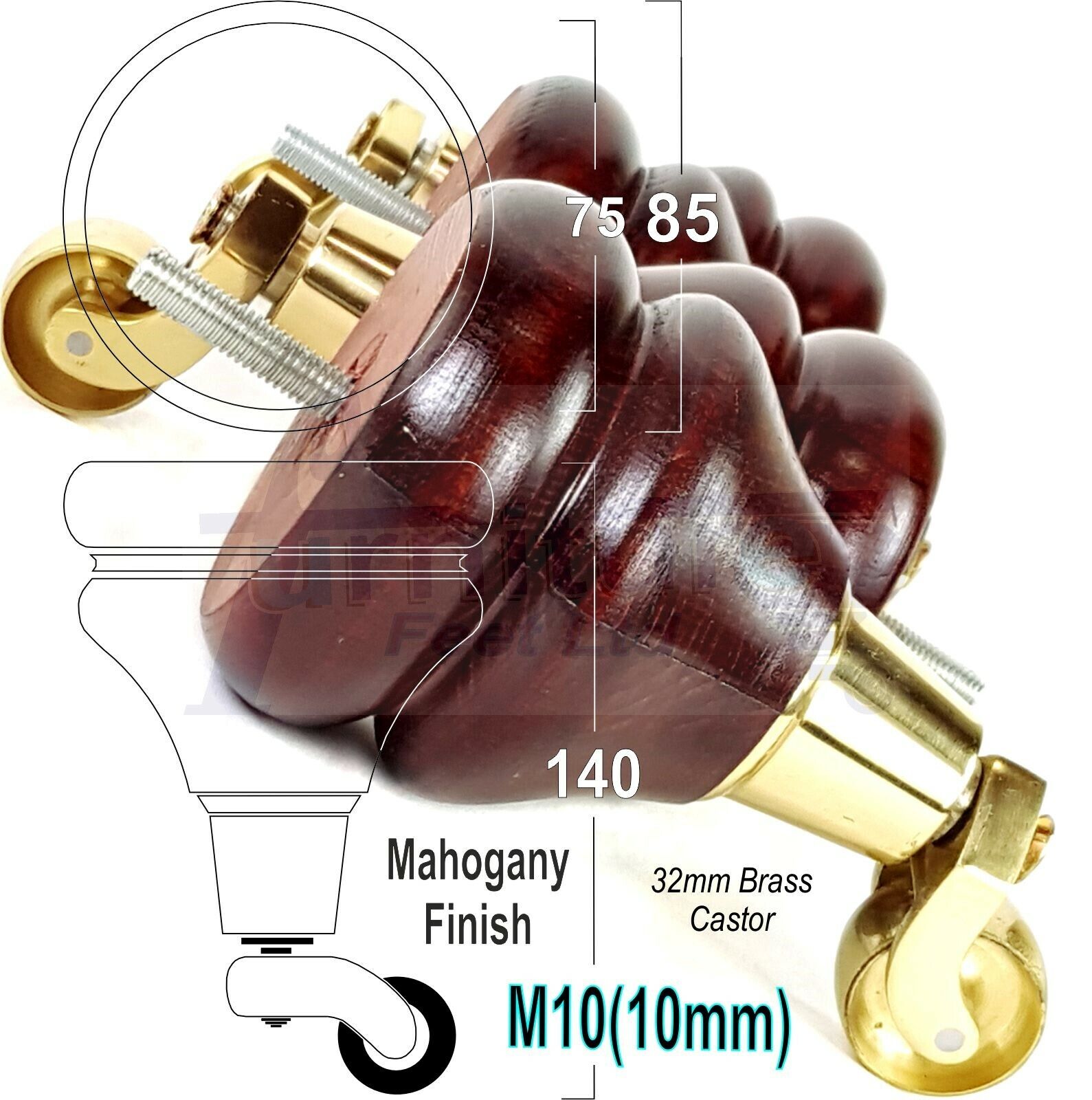 4x Turned Furniture Wood Feet With Castors 140mm Sofas Chairs Settee Cabinets Beds M10(10mm)