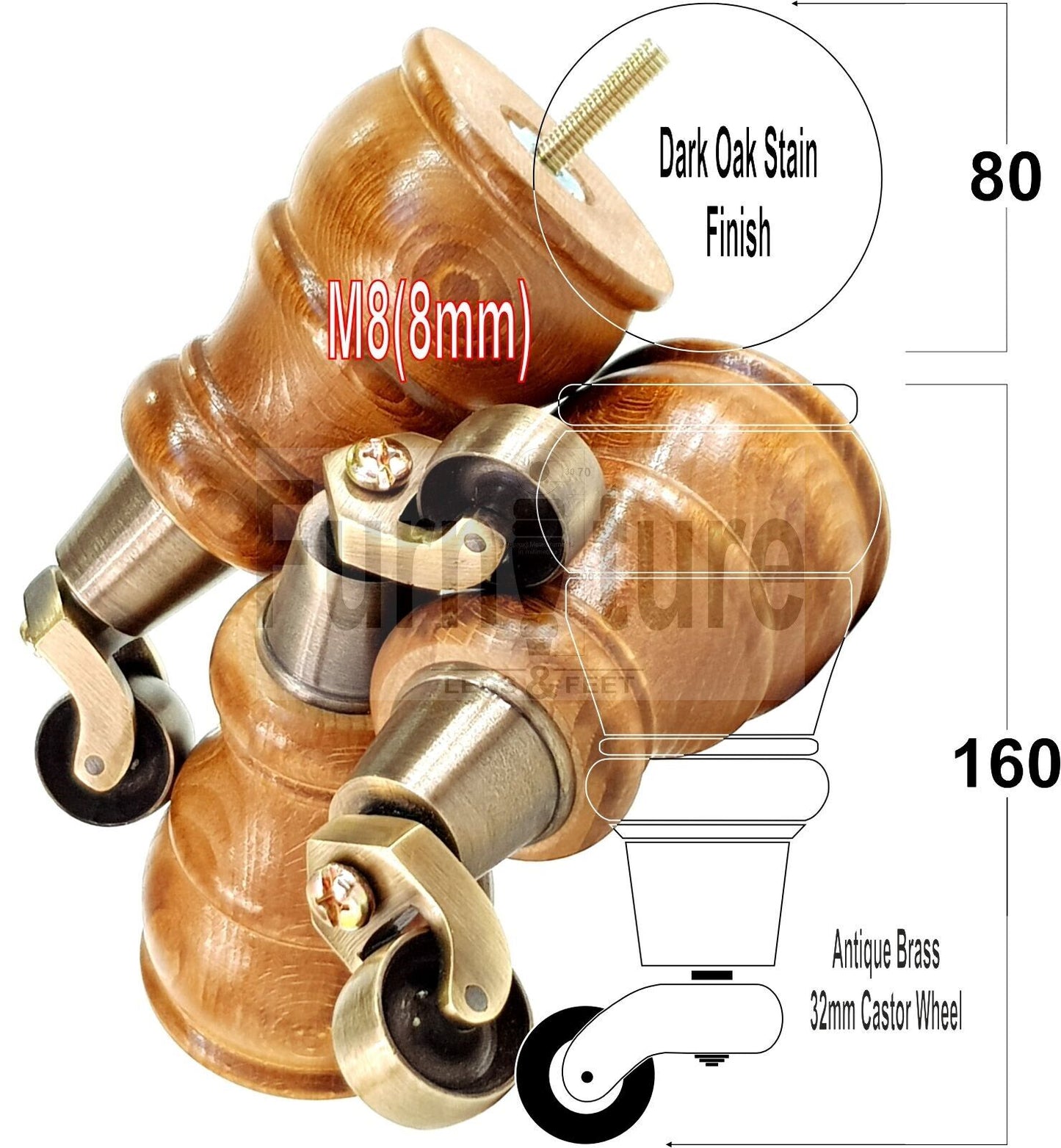 4 Turned Wood Feet Dark Oak Stain Castor Legs Chair Furniture Stools Sofa Chairs M8 160mm 6 Inch High