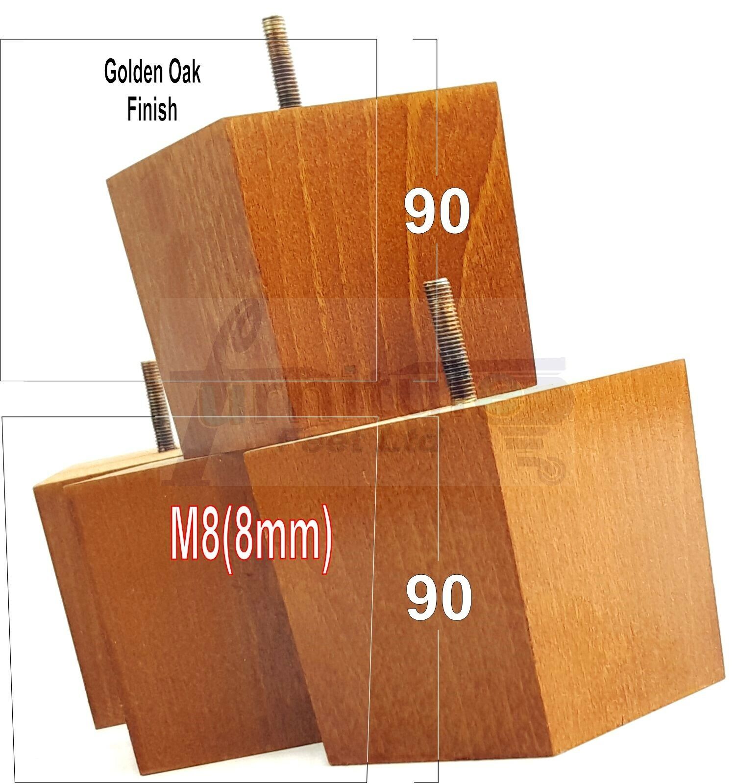 4x Solid Wood Square Feet Replacement Block Legs 90mm High Furniture Chairs Stools Sofa Beds Settee Cabinets 8mm Thread