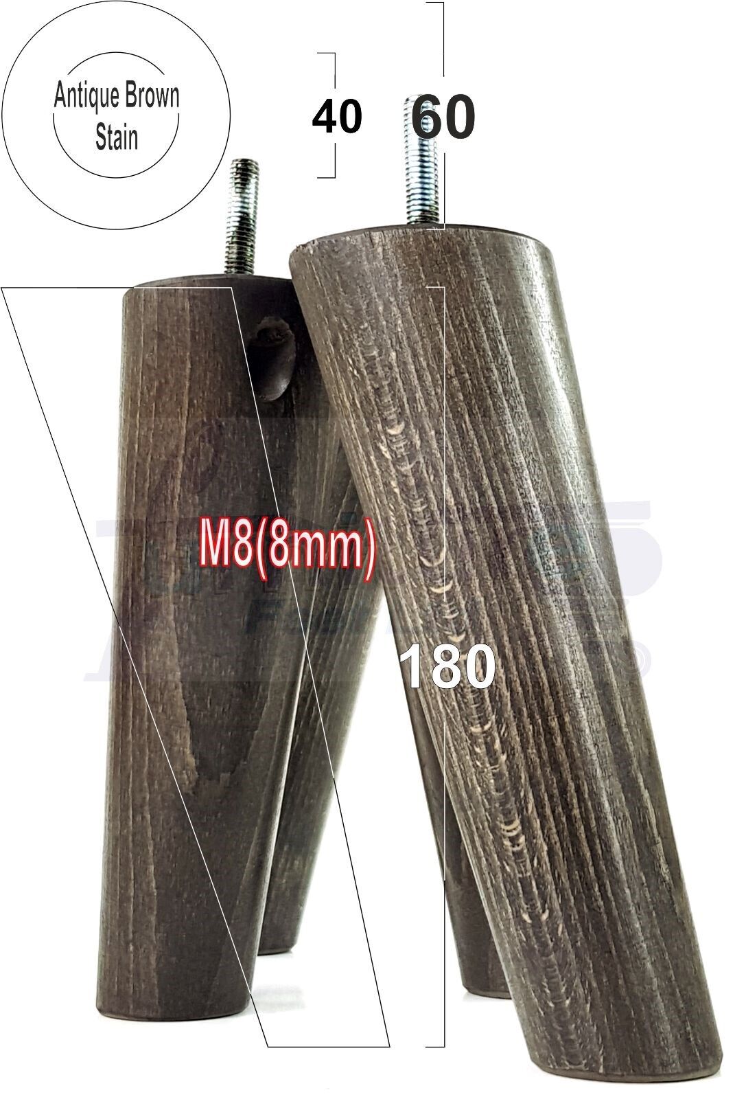 4 Solid Wood Turned Furniture Feet Replacement Mid Centry Angled Retro Legs 180mm High M8 Sofa Chairs Stools Cabinets Beds