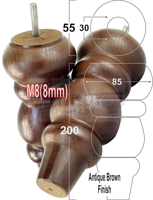 4 Solid Wood Furniture Legs Replacement Turned Feet 200mm High M8(8mm) Thread: Antique Brown