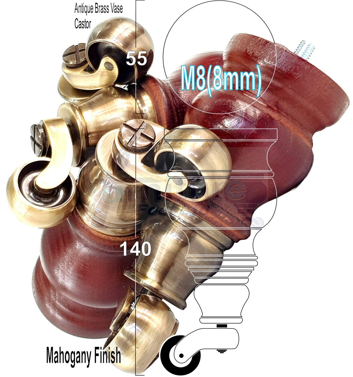 Set Of 4 Turned Wood Furniture Legs With140mm High Castor 8mm Thread For Chairs Settees & Cabinets