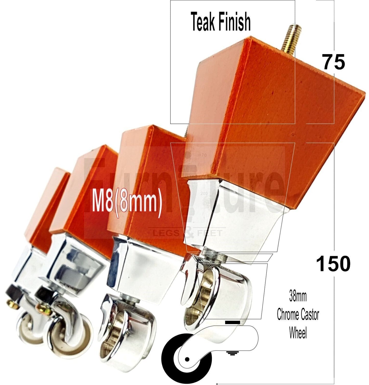 4x Block Wood Furniture Legs With Chrome Castors For Sofa Chairs Settees 8mm Thread 150mm High