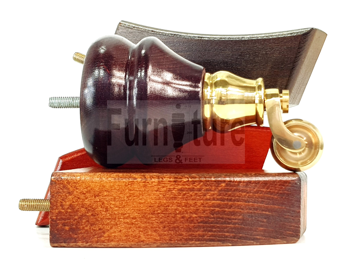 Turned Wood Furniture Feet 2 With Brass Castors 140mm & 2 Curved Back Legs Sofas Cabinets Beds 8mm Thread