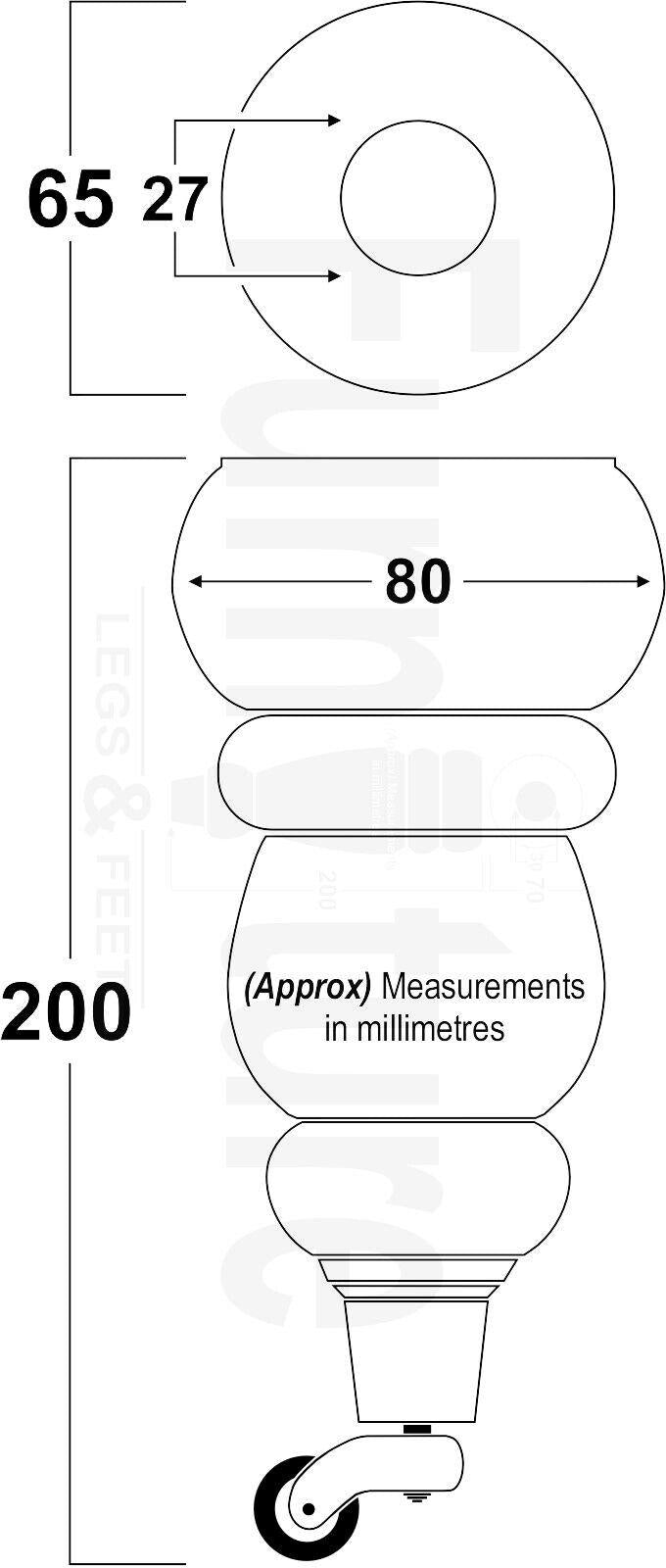 4x Turned Solid Wood Furniture Legs With Brass Castors Replacement Feet 200mm High 8mm Thread