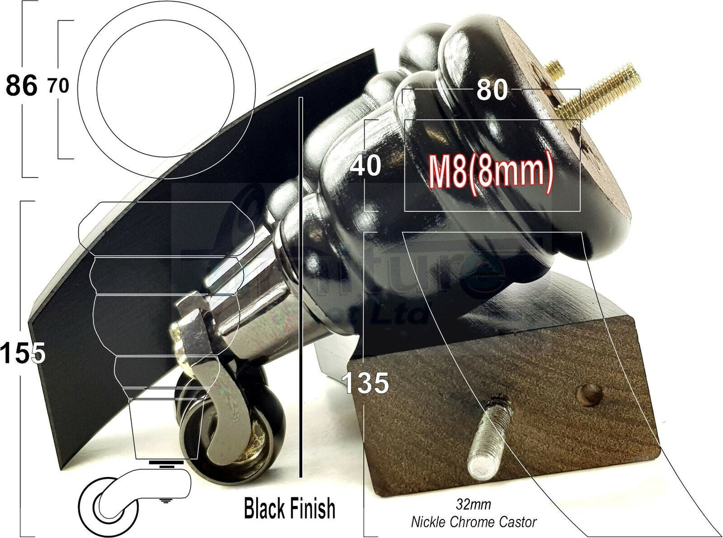 Black Turned Wood Furniture Feet 2 With Castors 155mm and 2 Curved Back Legs Sofas Chairs Stools Cabinets Beds M8 6 Inches