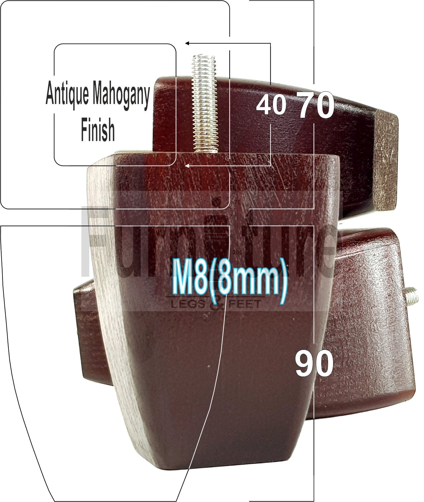 Set Of 4 Solid Wooden Block Furniture Feet Replacement Legs 90mm High M8(8mm)