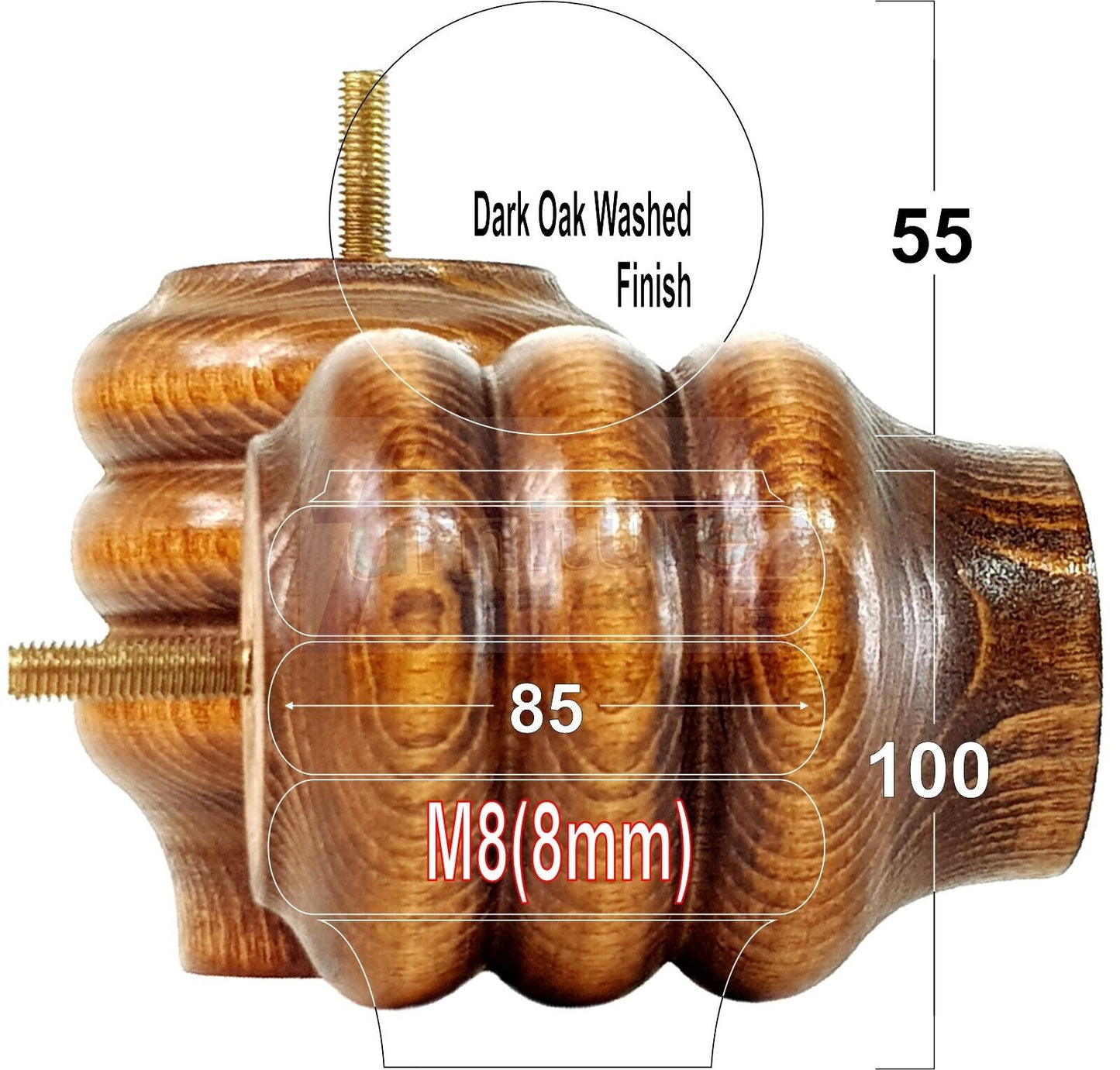 Set Of 4 Solid Wood Turned Furniture Legs Replacement Bun Feet 100mm High 8mm Thread