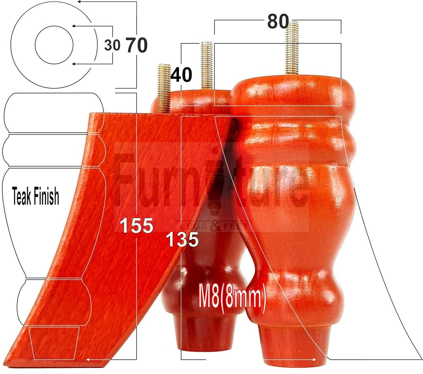 2x Turned Wood Furniture Feet 155mm and 2 Curved Back Legs Sofas Chairs Beds M8 Thread 6 Inches