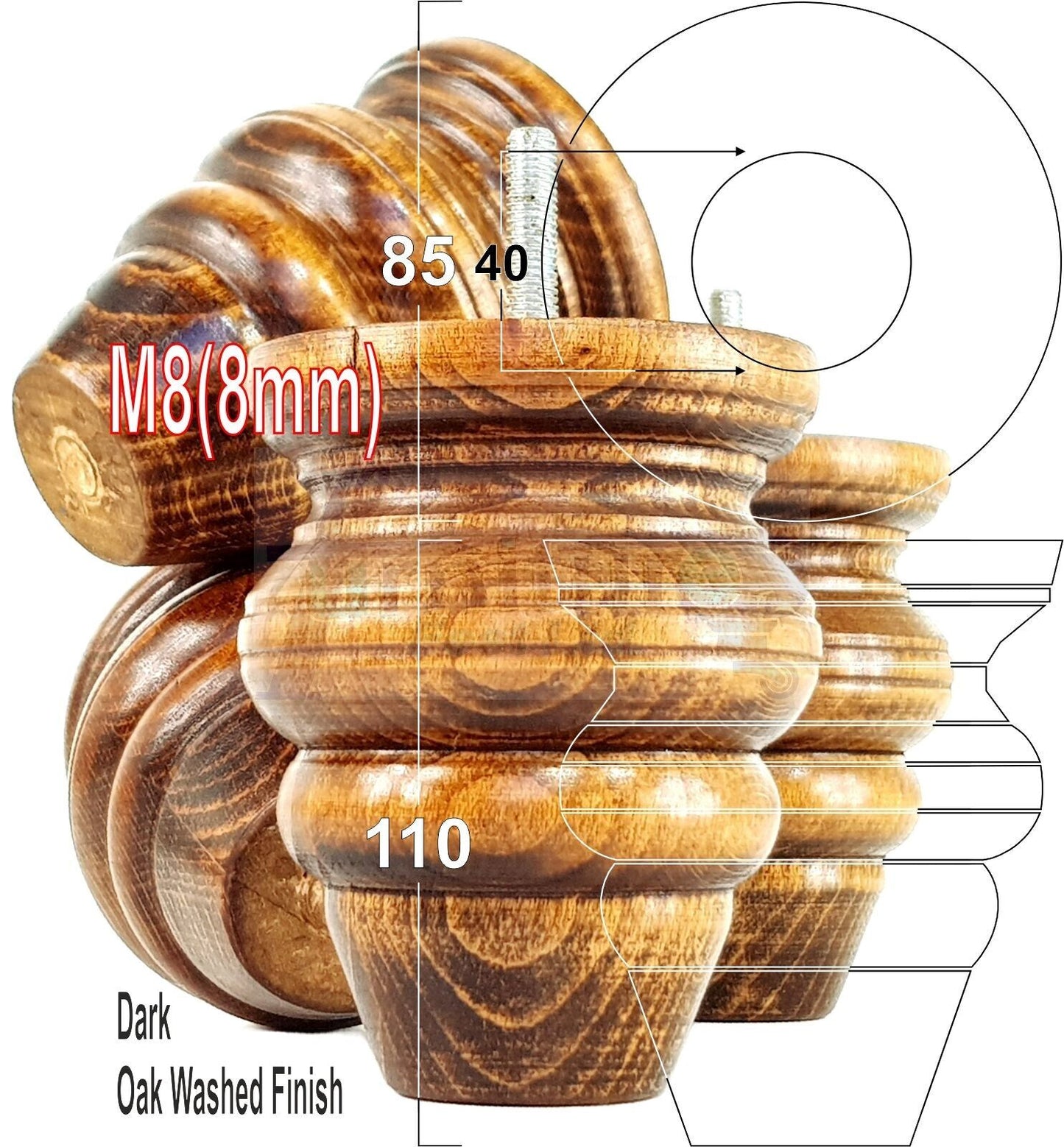 4x Turned Wood Furniture Legs Replacement Feet 110mm High Multiple Colours Chairs Stools Sofa's Beds Settee Cabinets M8