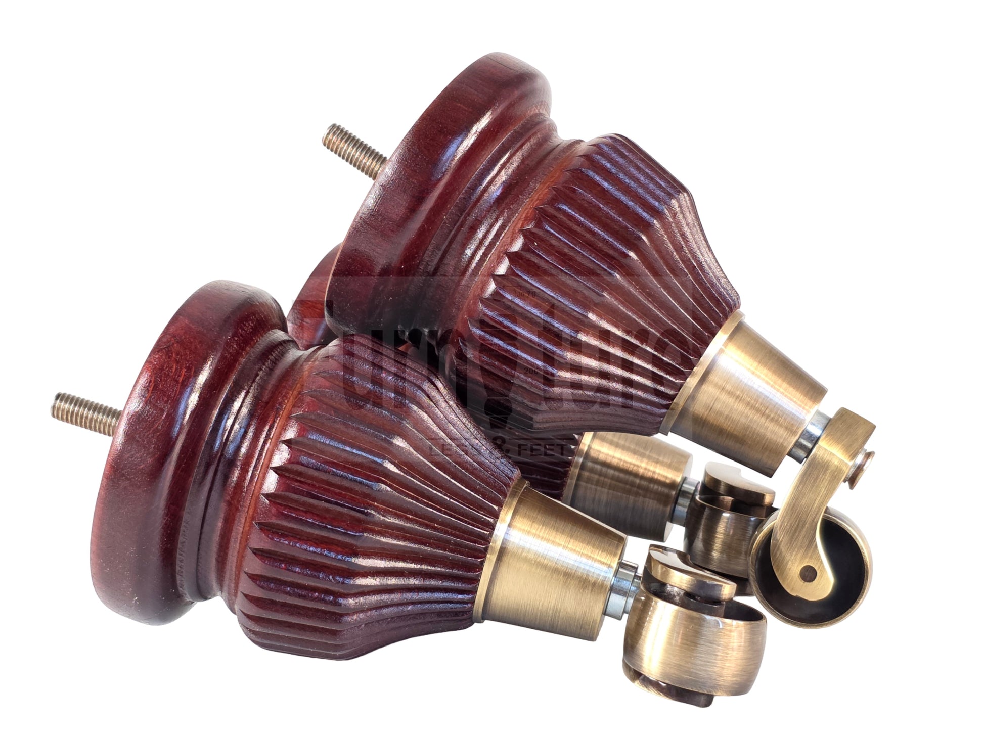 4 Wood Furniture Legs Replacement Feet 6 Inches with Castors 155mm High M8 Dowl Fixing - Mahogany Finish