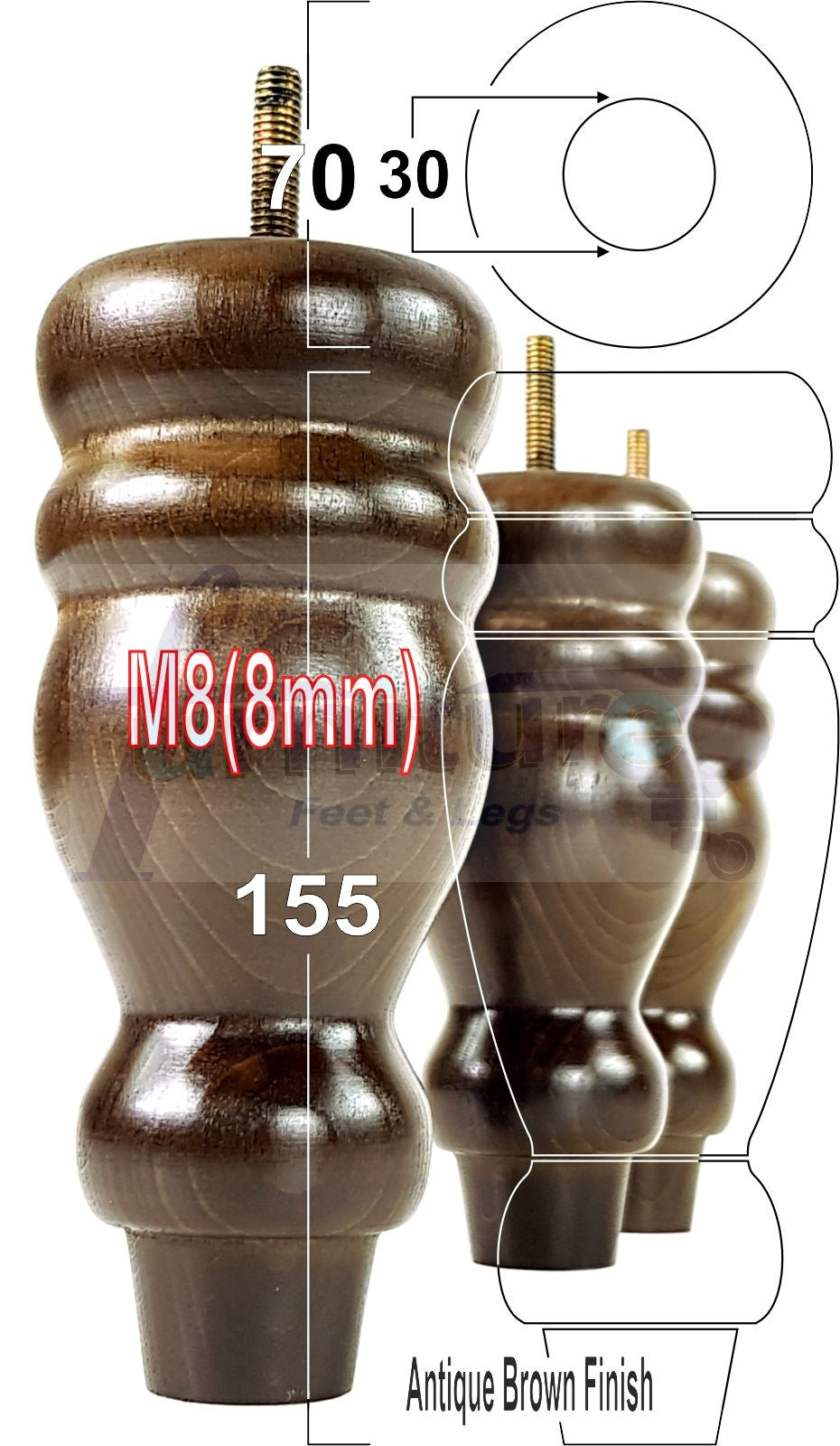 Set Of 4 Turned Wood Furniture Replacement Feet 155mm High 8mm Tread