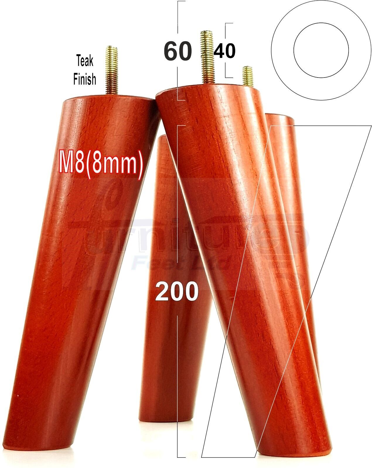 4 Solid Wood Turned Furniture Feet Replacement Mid Centry Angled Retro Legs 200mm High M8 Sofa Chairs Stools Cabinets Beds