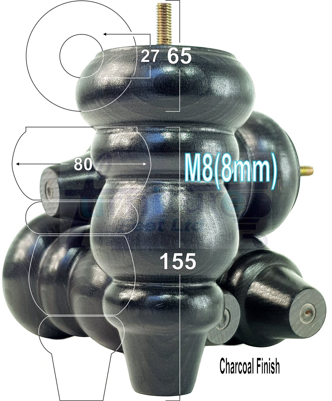 4 Solid Turned Wood Furniture Sofa Leg M8 Chair Settee Footstool Feet 155mm High