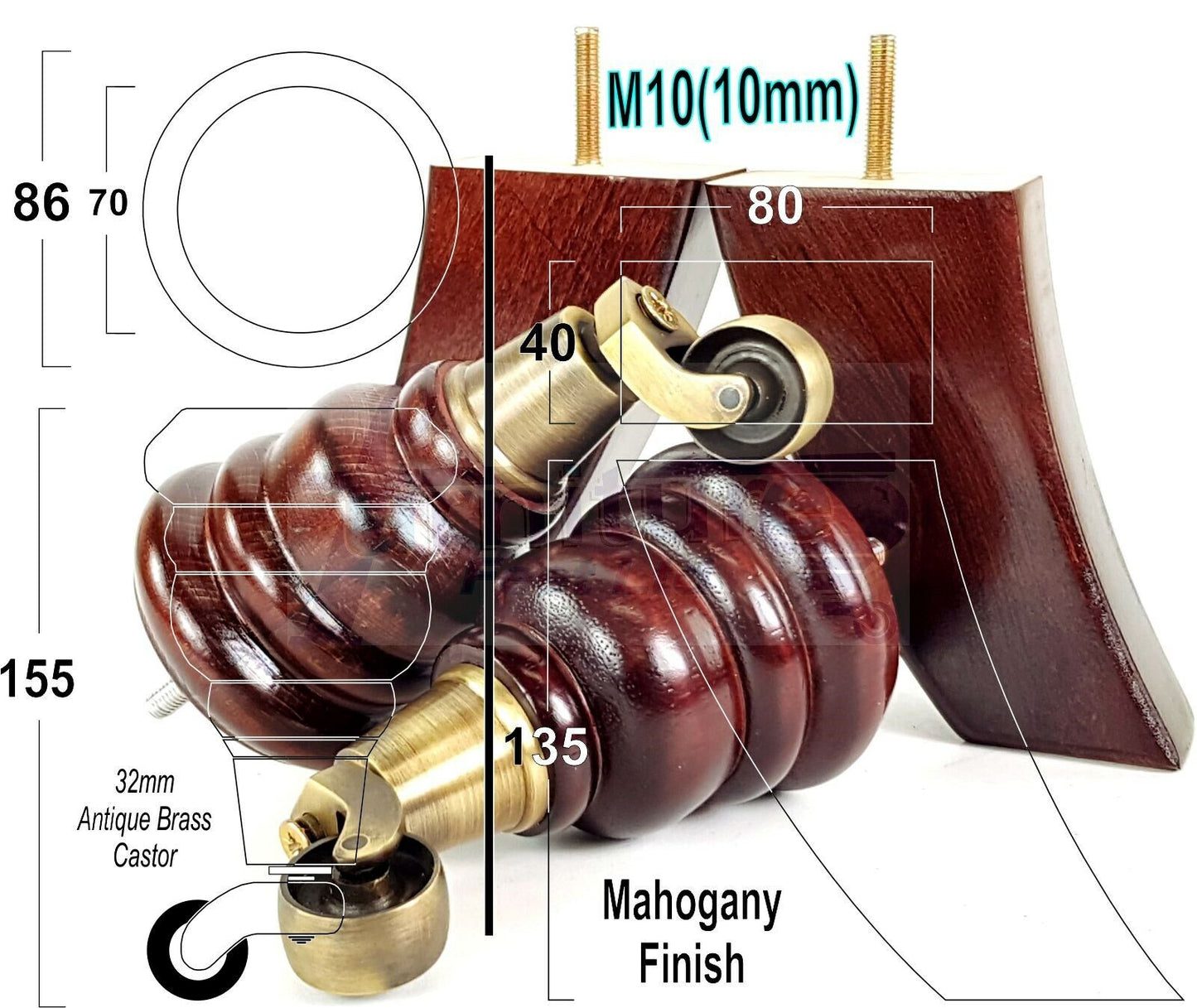 2 Replacement Wood Furniture Legs With Castors & 2 Curved Feet Mahogany 155mm Chair Sofa Stool M10