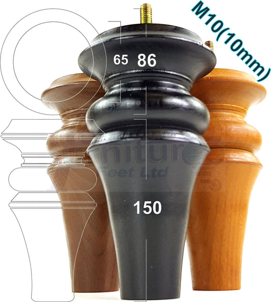 4 Turned Furniture Legs 150mm High Replacement Feet M10 Thread For Settees Chairs Sofas