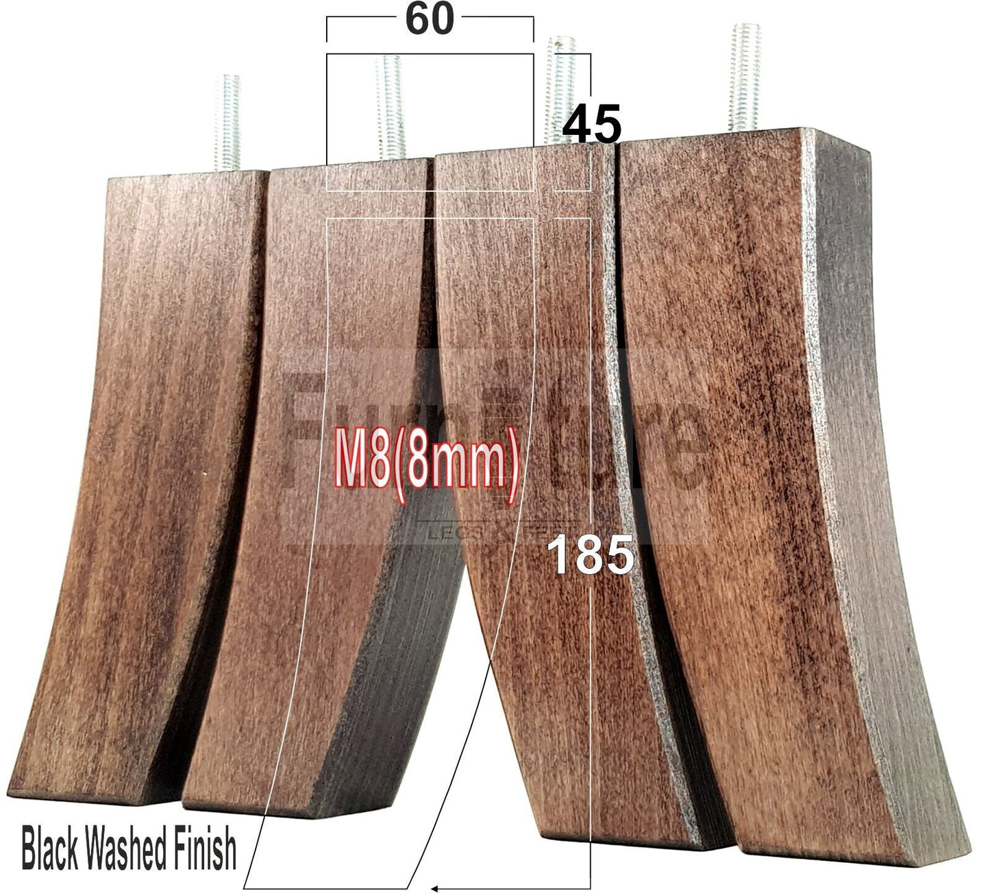 Set Of 4 Solid Wood Curved Furniture Feet Replacement Legs 185mm High M8(8mm)