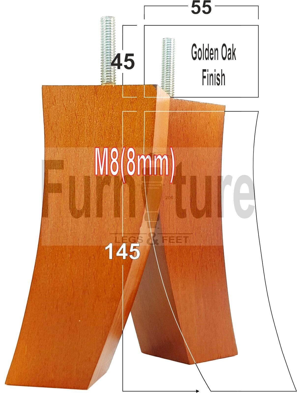 Set Of 4 Solid Wood Curved Furniture Feet Replacement Legs 145mm High M8(8mm)