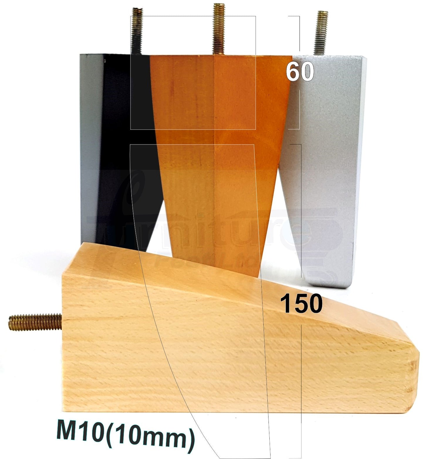 4x Tapered Square Furniture Legs Sofa Feet M10 Thread for Chairs, Settees 150mm High