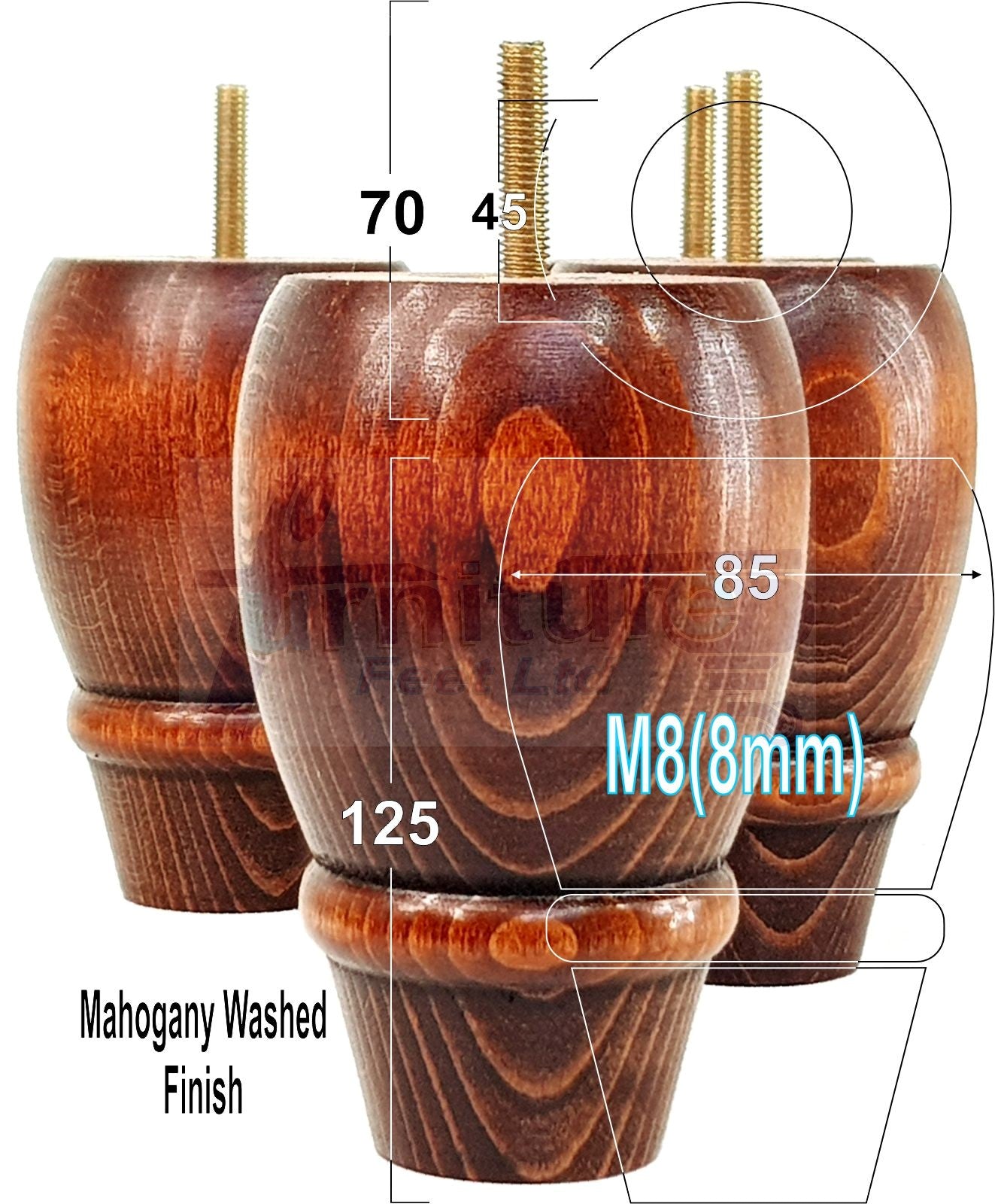 Set Of 4 Solid Wood Turned Replacement Furniture Legs 125mm High 8mm Thread