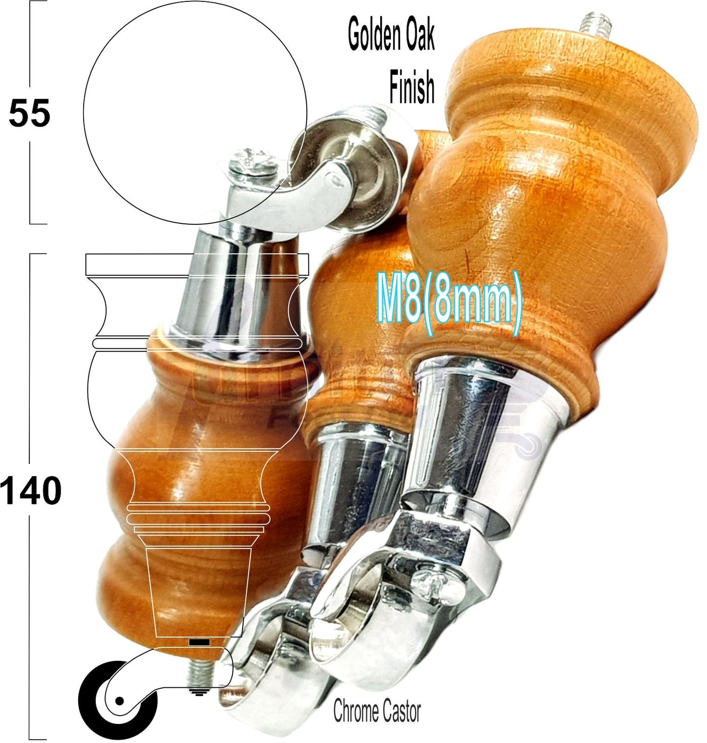 4x Turned Wood Furniture Legs With Chrome Castor 150mm High M8 For Settees Chairs & Cabinets