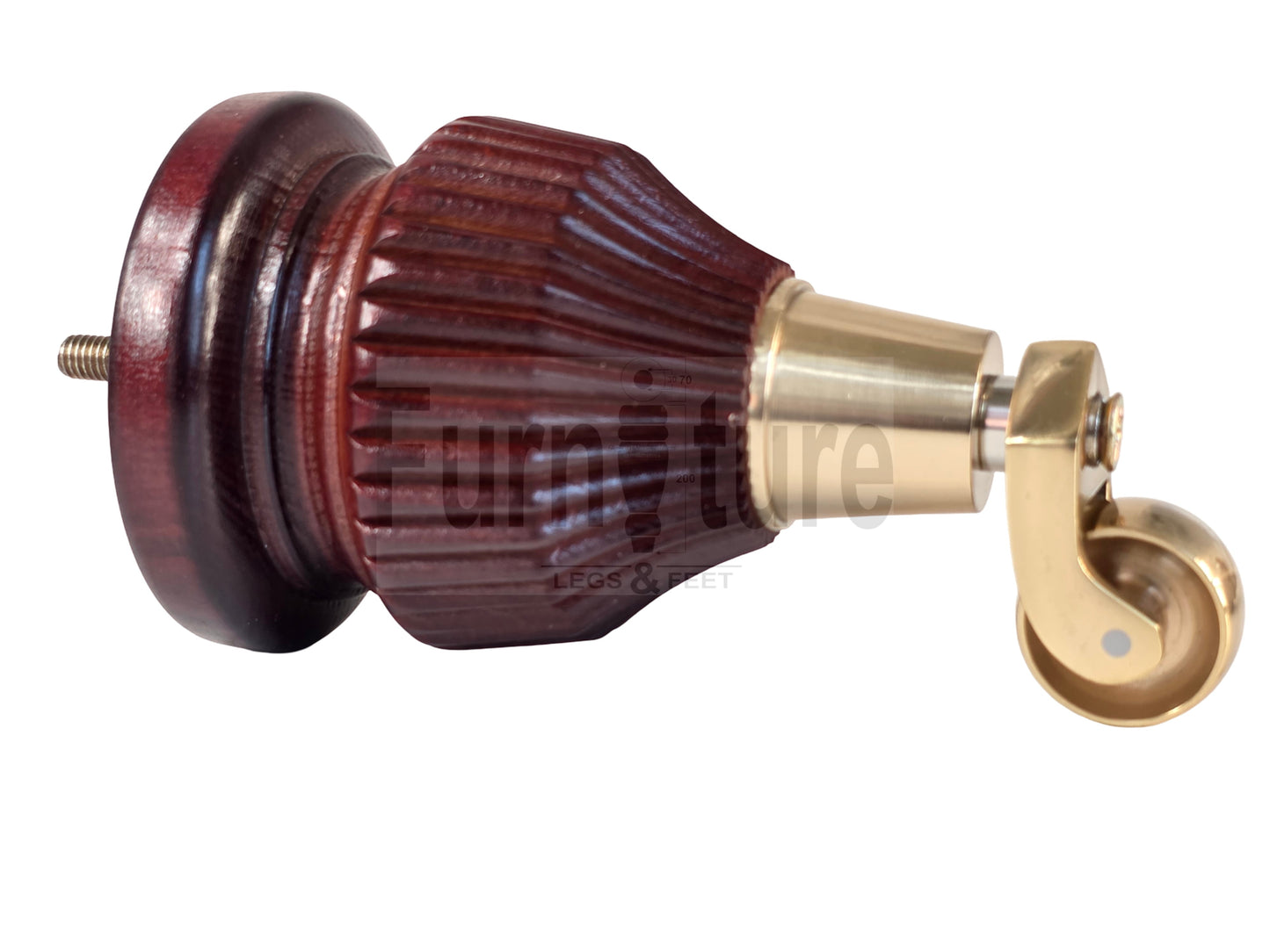 Wood Furniture Legs Replacement Feet 6 Inches with Brass Castors 155mm High M8 Dowl Fixing - Mahogany Finish