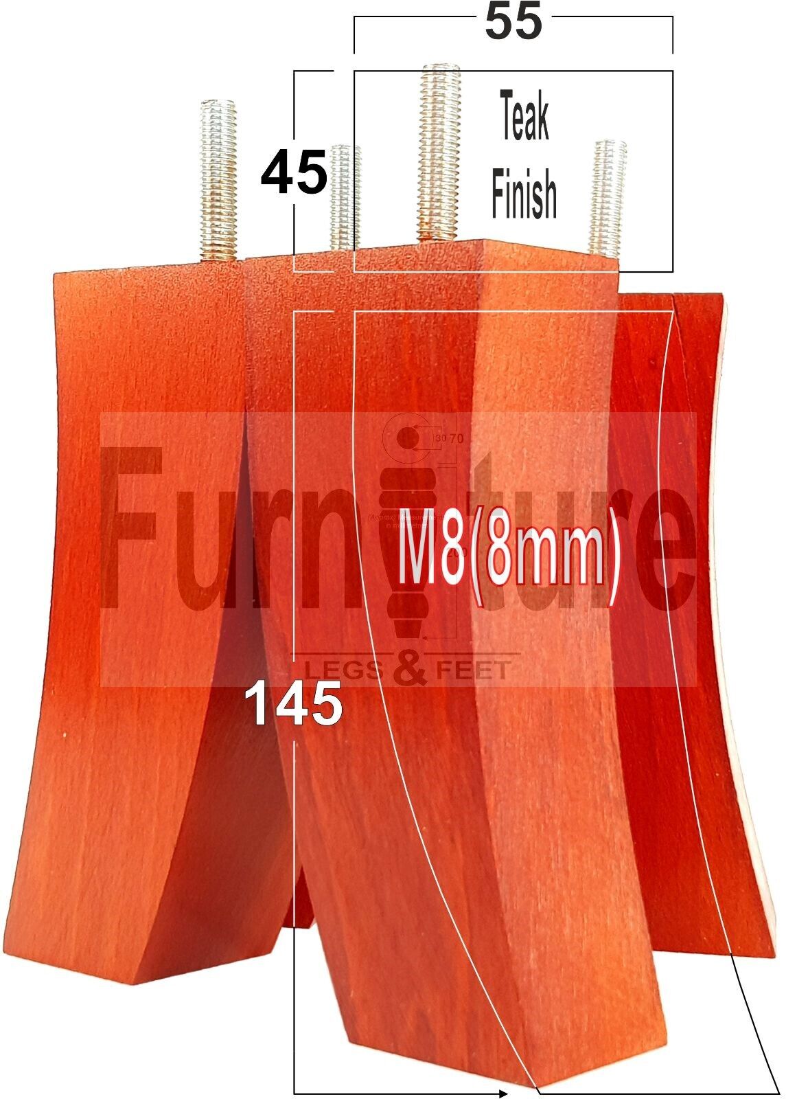 Set Of 4 Solid Wood Curved Furniture Feet Replacement Legs 145mm High M8(8mm)