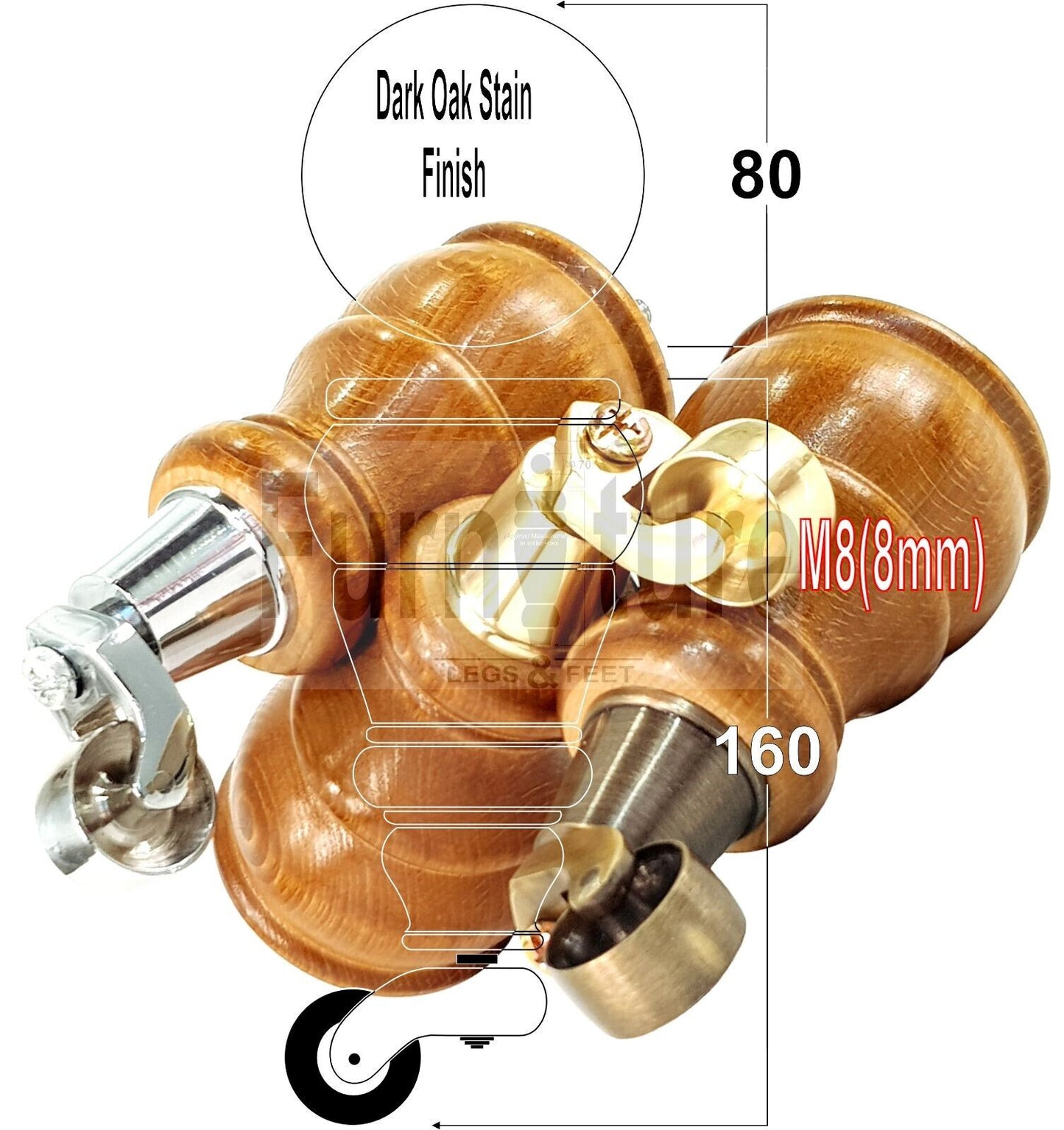 4 Turned Wood Feet Dark Oak Stain Castor Legs Chair Furniture Stools Sofa Chairs M8 160mm 6 Inch High