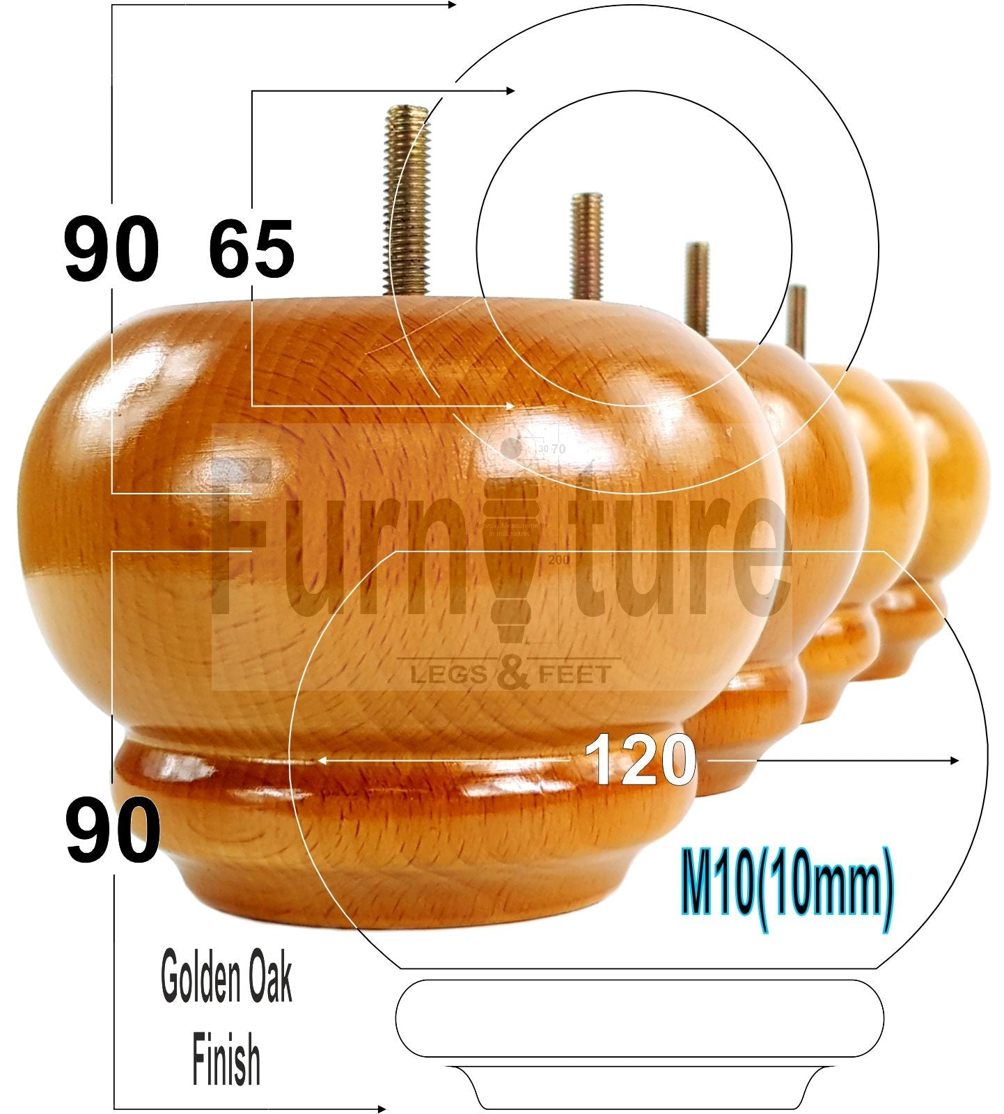  4 Turned Wooden Furniture Legs Replacement Feet 50mm High 10mm Thread For Settees, Chairs
